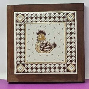 Vintage Italian Ceramic Tile Trivet Wooden Frame Brown Chicken Design Made Italy